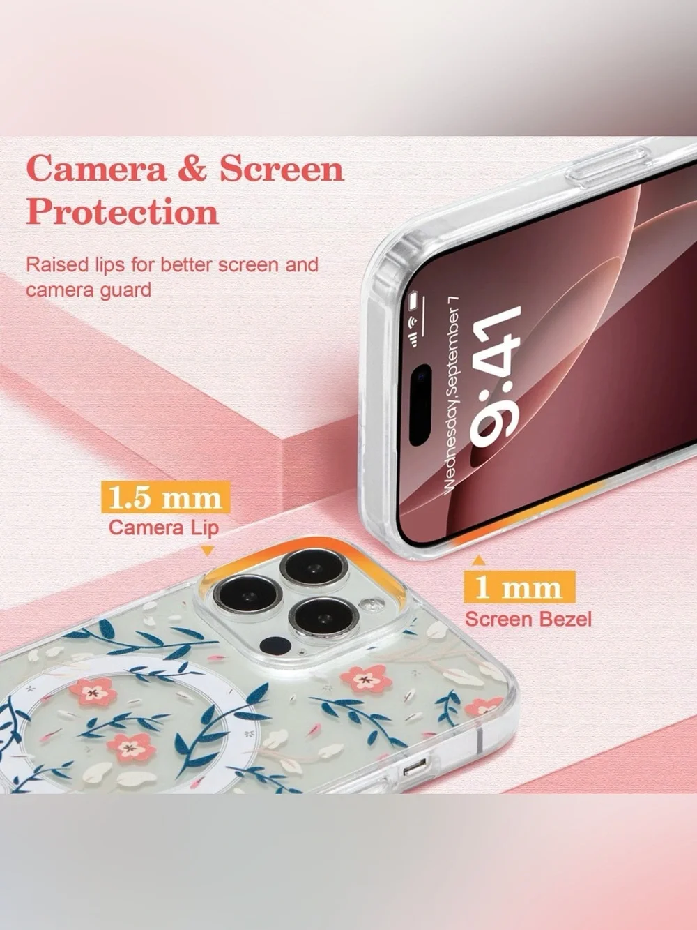Floral Clear Phone Case for iPhone 16 pro with Pink Floral Pattern